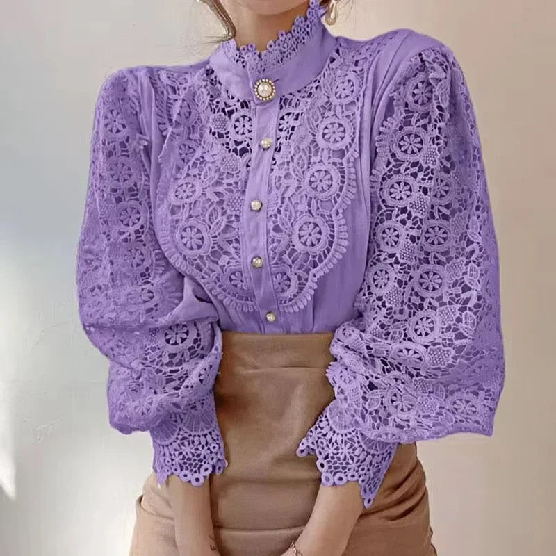 New Women's Long Sleeve High Neck  Chic Blouse, Lace Paneled Hollow Sleeve Elegant Top, Vintage Fashion Office Lady Outfits