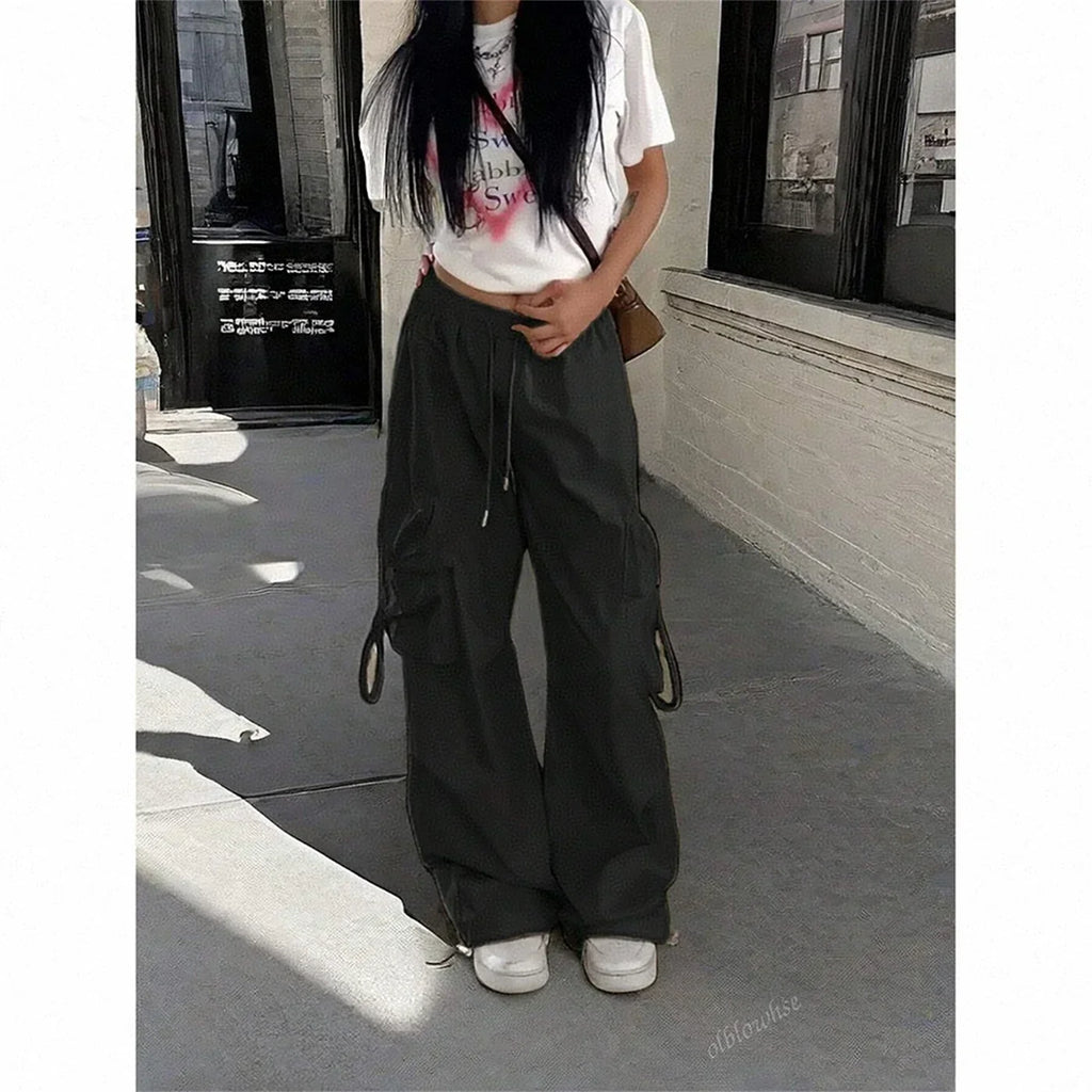 Oversized Pocket High Street Pant Black Vintage High Waist Women's Pants Fashion Retro Casual Streetwear Loose Jogger Trousers